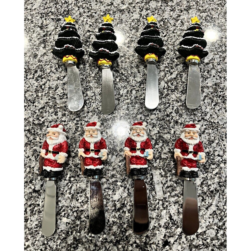 8pc Christmas Cheese Knives & Spreaders Set Santa & Tree Resin Handles 0067